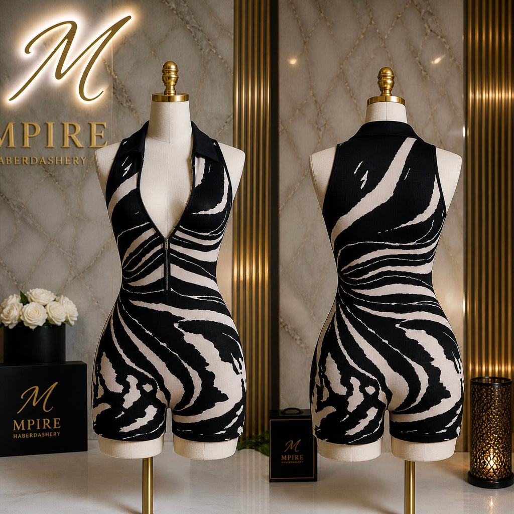 Mpire Haberdashery Zebra Sculpt Zip Romper – Snatched Fit Luxe Bodysuit